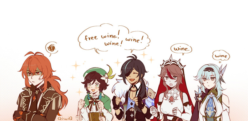 venti, eula, diluc, kaeya, and rosaria (genshin impact) drawn by qiwiq