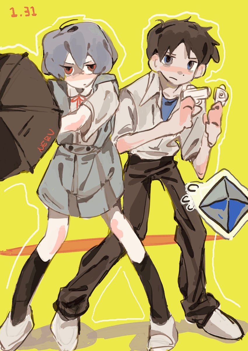 ayanami rei, ikari shinji, and ramiel (neon genesis evangelion) drawn by gujijiwawa