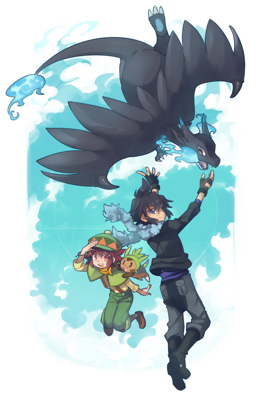 charizard, chespin, mega charizard x, alain, and mairin (pokemon and 1 more) drawn by honzumaru