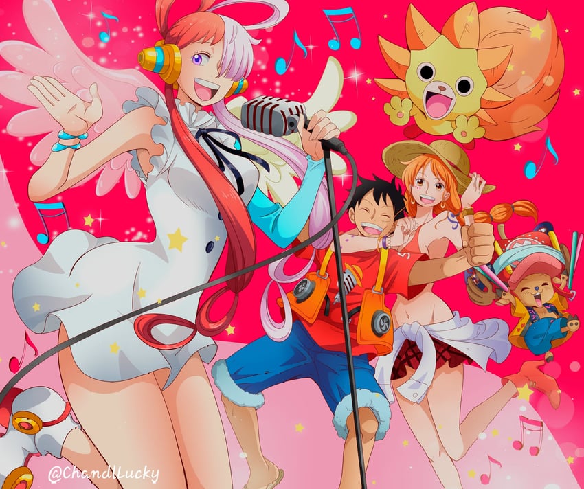 nami, monkey d. luffy, tony tony chopper, uta, and thousand sunny (one piece and 1 more) drawn by chandllucky