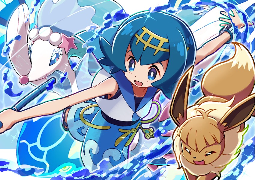 eevee, lana, primarina, and kyogre (pokemon and 1 more) drawn by kingin