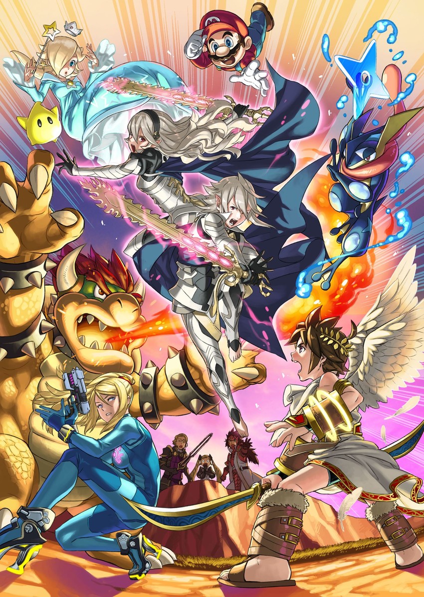 samus aran, mario, female corrin, rosalina, pit, and 7 more (pokemon and 9 more) drawn by kozaki_yuusuke