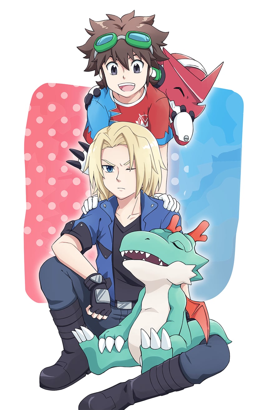 shoutmon, kudou taiki, dracomon, and aonuma kiriha (digimon and 1 more) drawn by ask0406