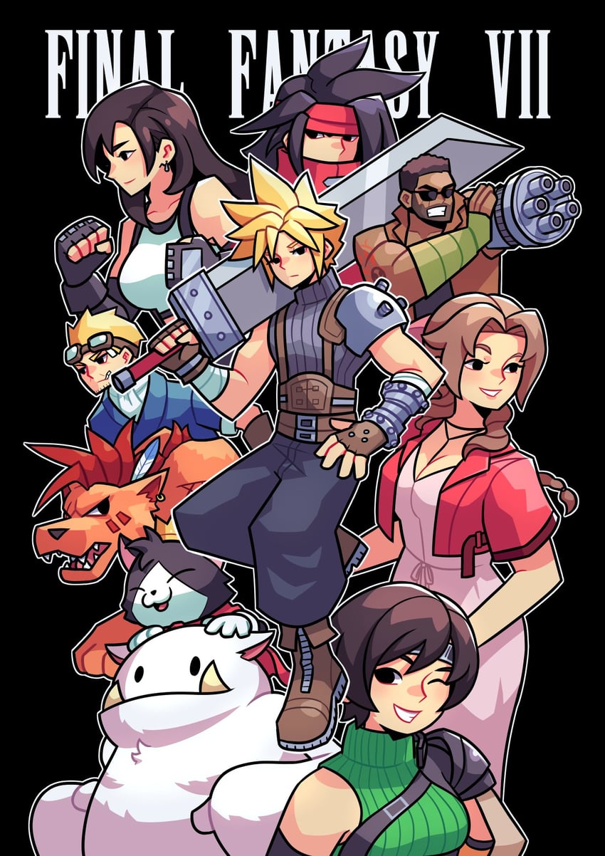 tifa lockhart, cloud strife, aerith gainsborough, yuffie kisaragi, moogle, and 5 more (final fantasy and 3 more) drawn by timtam