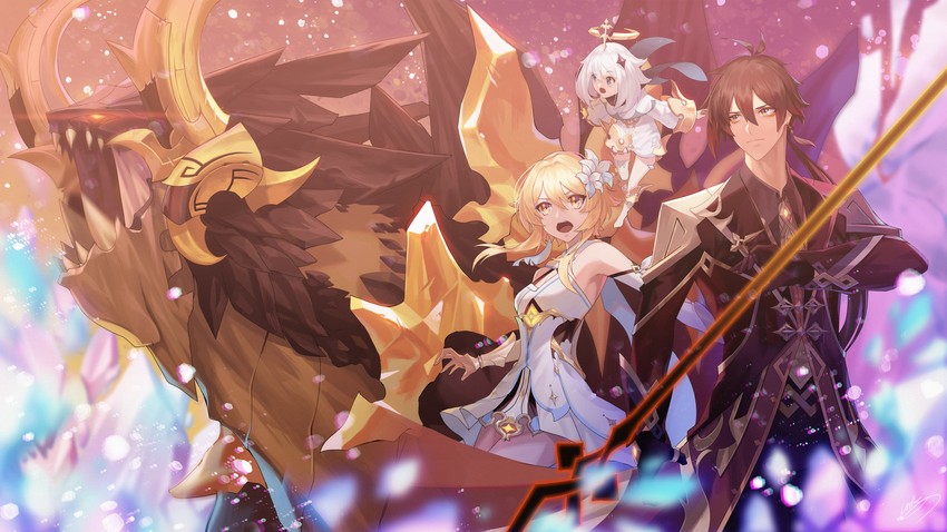 lumine, zhongli, paimon, and azhdaha (genshin impact) drawn by mingbox