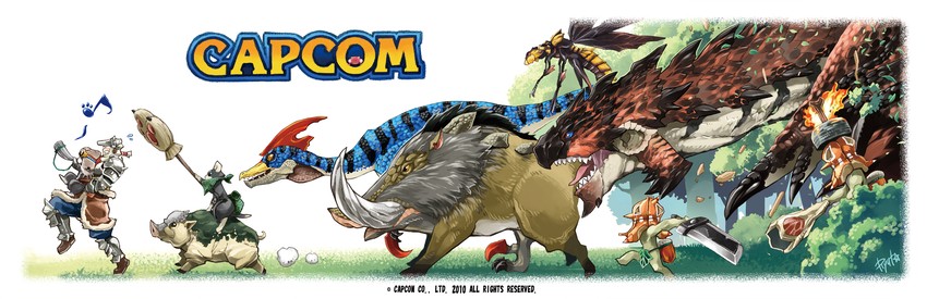 player palico, rathalos, melynx, velocidrome, vespoid, and 4 more (monster hunter) drawn by fuse_ryuuta