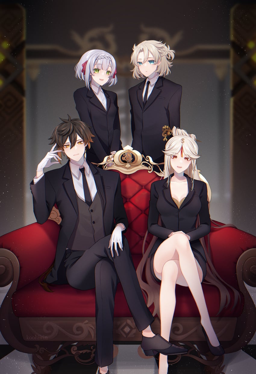 zhongli, ningguang, albedo, and noelle (genshin impact) drawn by cofyrin