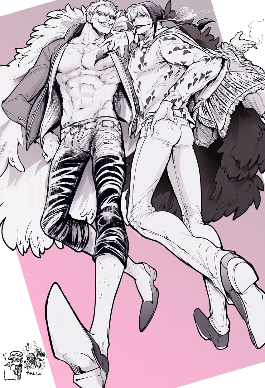 trafalgar law, donquixote doflamingo, and donquixote rocinante (one piece) drawn by nowosuke