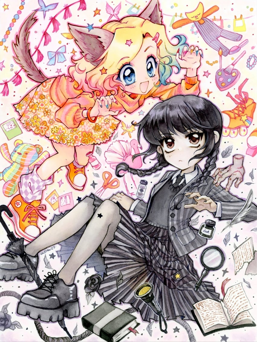 wednesday addams and enid sinclair (addams family and 1 more) drawn by oceaninspace