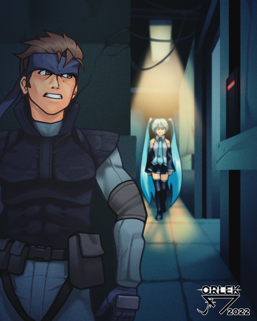 hatsune miku and solid snake (vocaloid and 2 more) drawn by orlek