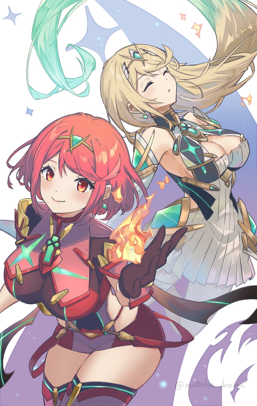 pyra and mythra (xenoblade chronicles and 1 more) drawn by yanagimachi