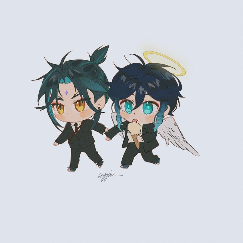venti, xiao, hayakawa aki, and angel devil (genshin impact and 1 more) drawn by ggelus