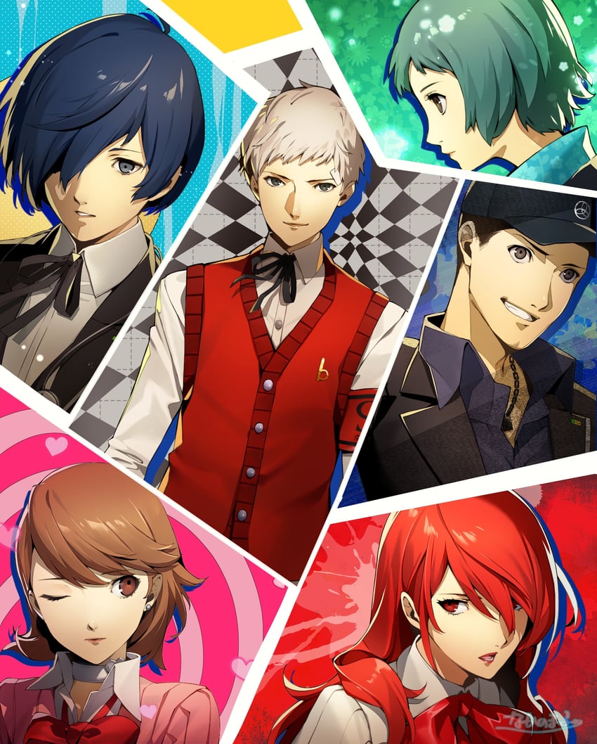 yuuki makoto, takeba yukari, kirijou mitsuru, yamagishi fuuka, sanada akihiko, and 1 more (persona and 2 more) drawn by nakano_maru