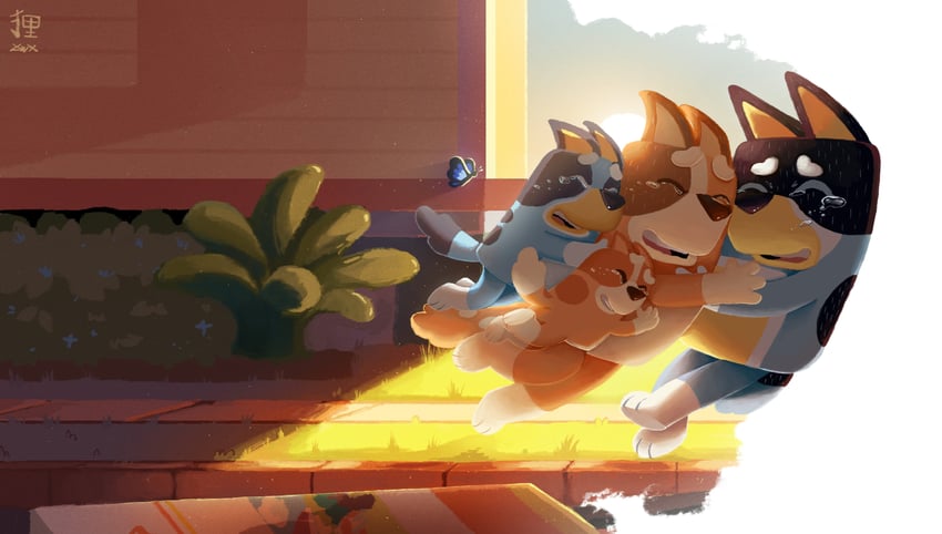 bluey heeler, bandit heeler, bingo heeler, chilli heeler, and flappy (bluey) drawn by mrrmann1