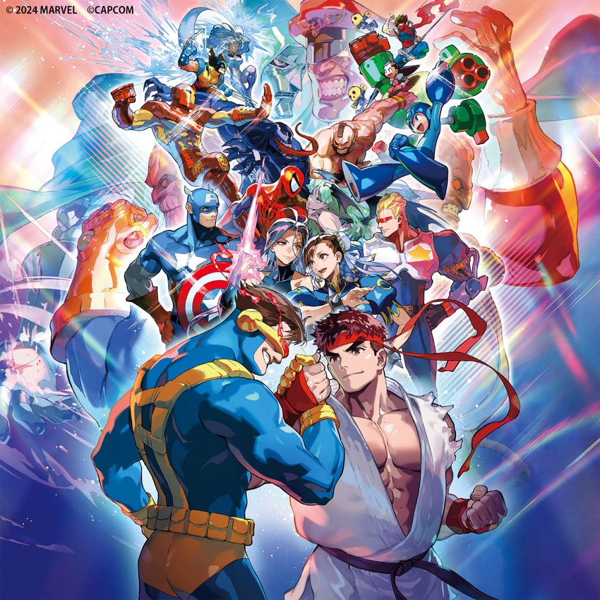 chun-li, morrigan aensland, ryu, wolverine, spider-man, and 17 more (street fighter and 19 more) drawn by mita_chisato