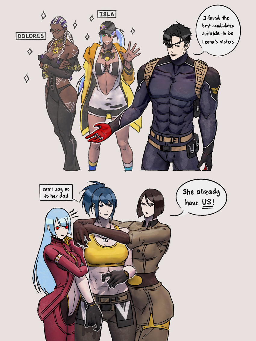 leona heidern, kula diamond, whip, isla, heidern, and 1 more (the king of fighters and 1 more) drawn by syachiiro