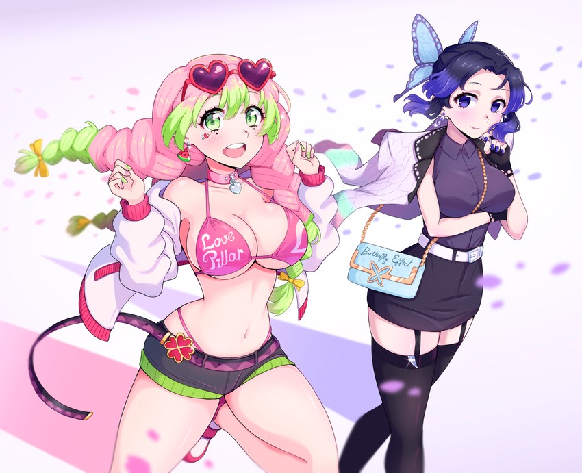 kochou shinobu and kanroji mitsuri (kimetsu no yaiba) drawn by 83tsu