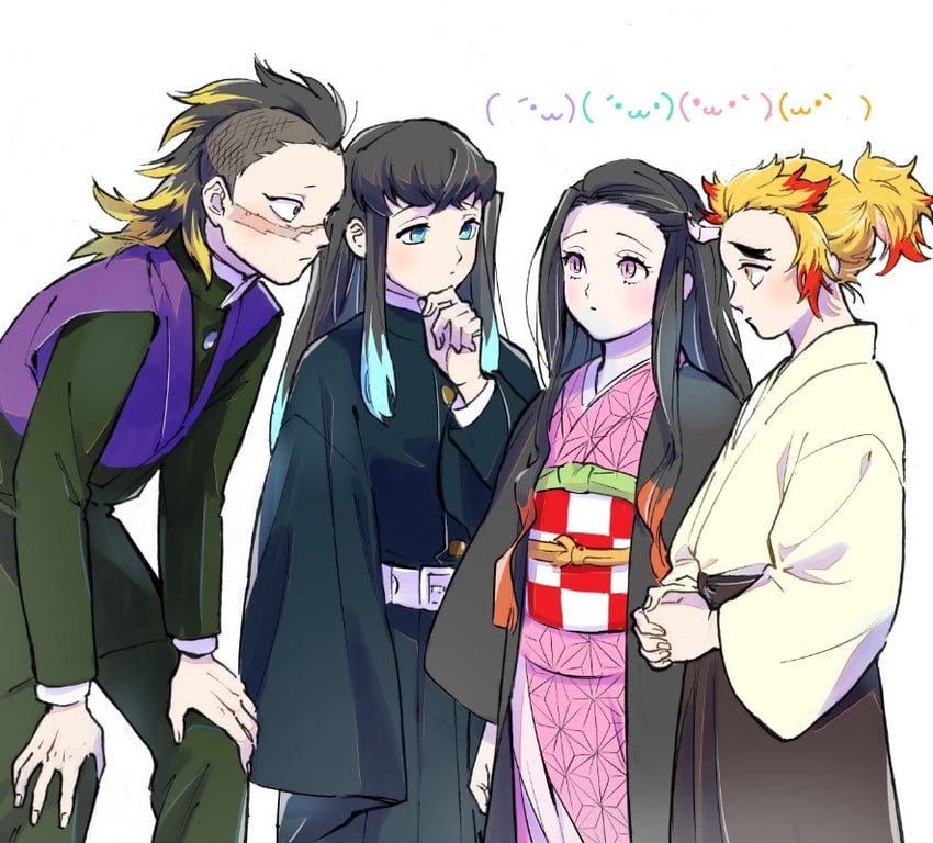 kamado nezuko, tokitou muichirou, shinazugawa genya, and rengoku senjurou (kimetsu no yaiba) drawn by pao0_n