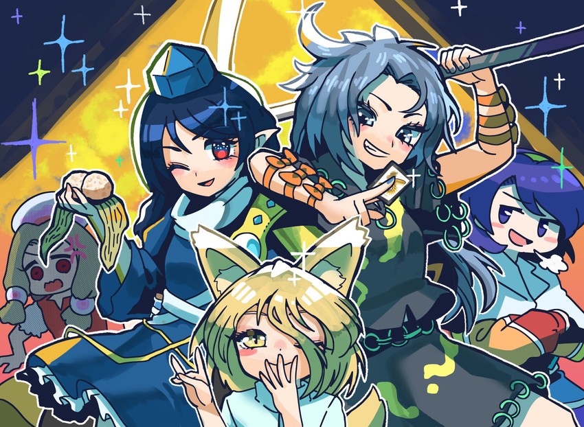 kudamaki tsukasa, iizunamaru megumu, tenkyuu chimata, himemushi momoyo, and tamatsukuri misumaru (touhou and 1 more) drawn by howhow_notei