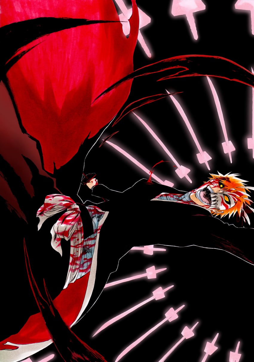 kurosaki ichigo and hollow ichigo (bleach) drawn by ken'ichi_(ken1ro_u)