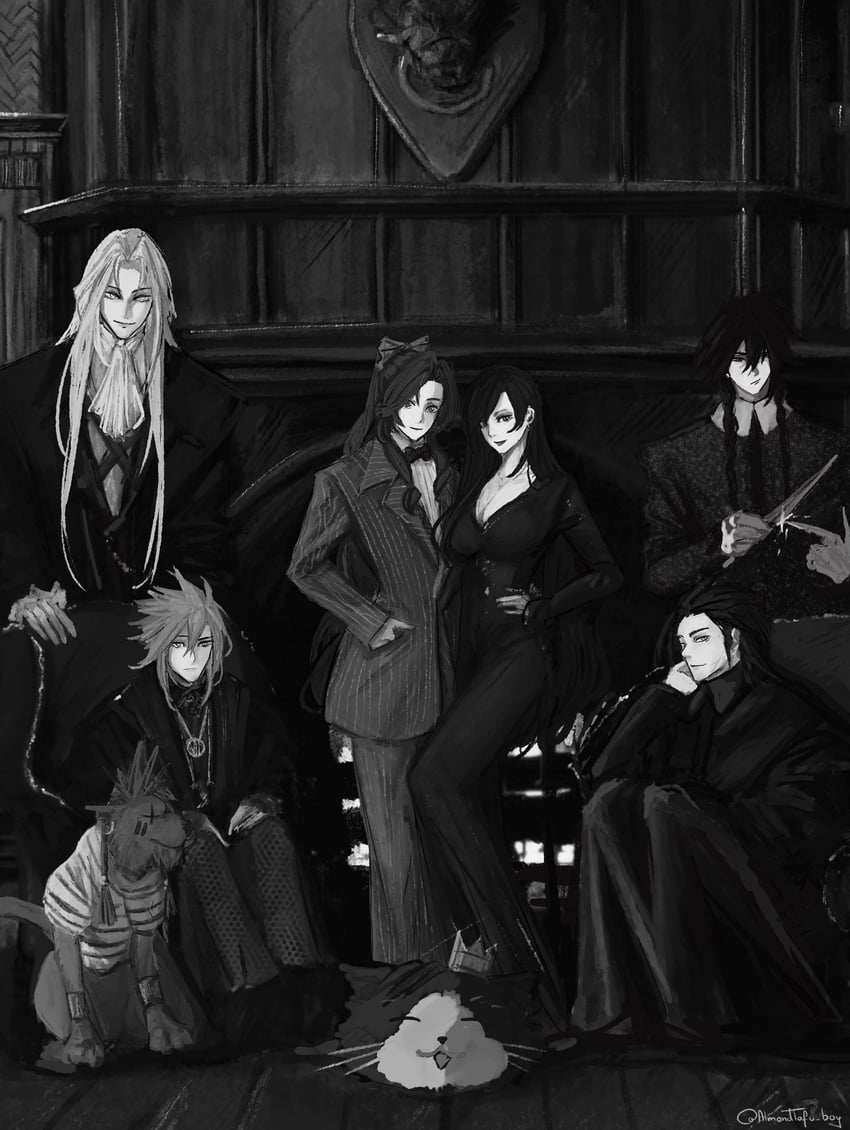 tifa lockhart, cloud strife, aerith gainsborough, sephiroth, zack fair, and 3 more (final fantasy and 2 more) drawn by almondtofu_boy