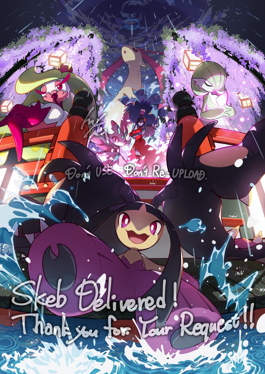 warrior of light, gardevoir, mawile, milotic, tsareena, and 3 more (pokemon and 2 more) drawn by tom_(pixiv10026189)