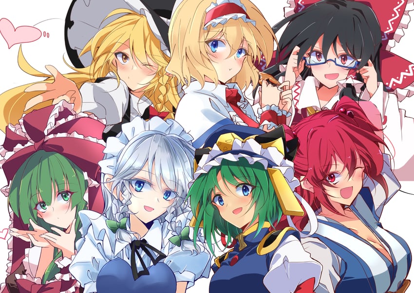 hakurei reimu, kirisame marisa, izayoi sakuya, alice margatroid, kagiyama hina, and 2 more (touhou) drawn by ichimura_kanata