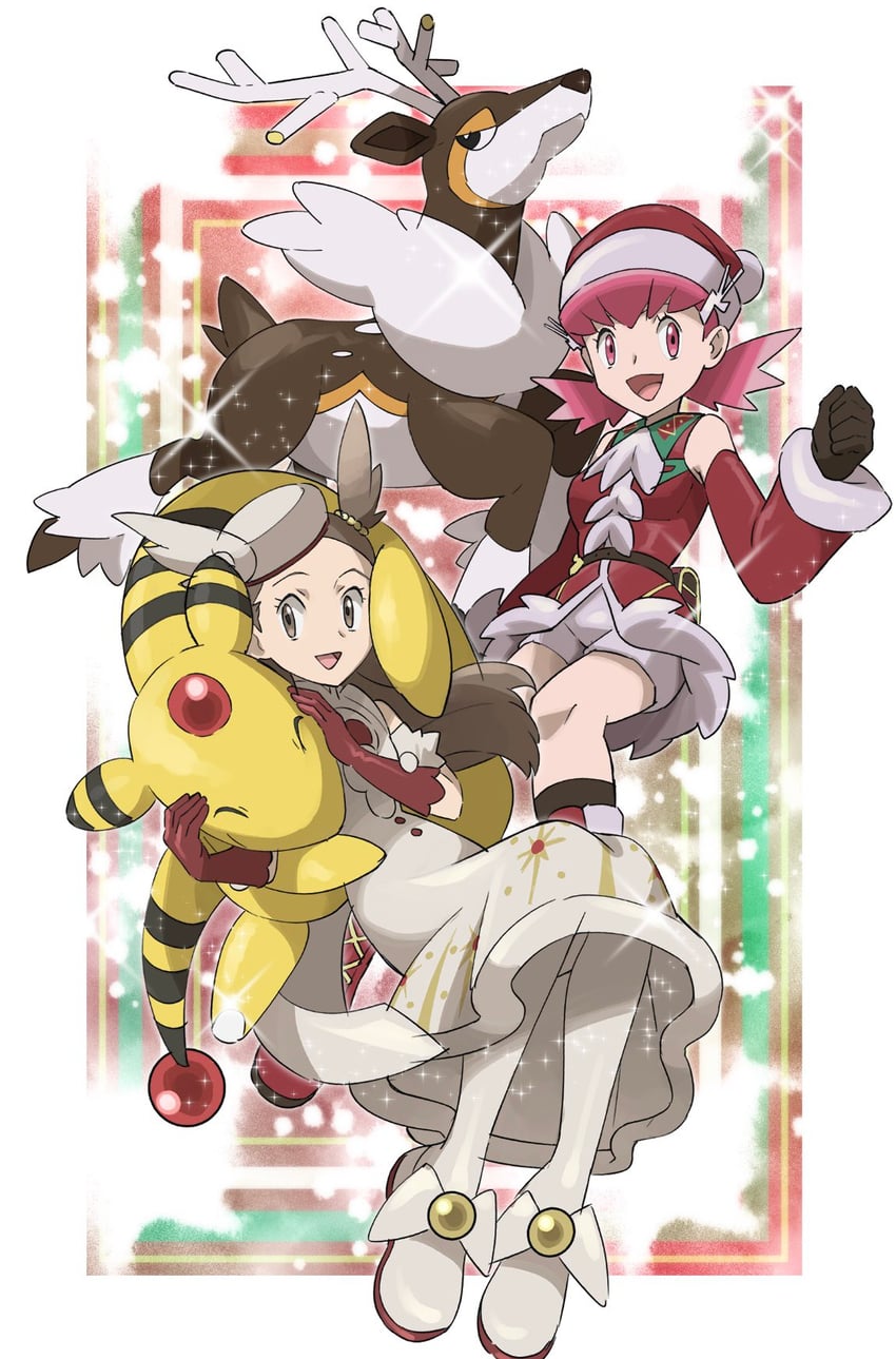 ampharos, sawsbuck, jasmine, and whitney (pokemon and 1 more) drawn by edamame_(buruburu)