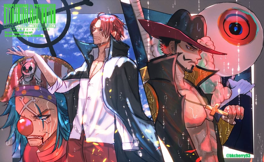 shanks, buggy the clown, and dracule mihawk (one piece) drawn by kawo_(kawo2525_)