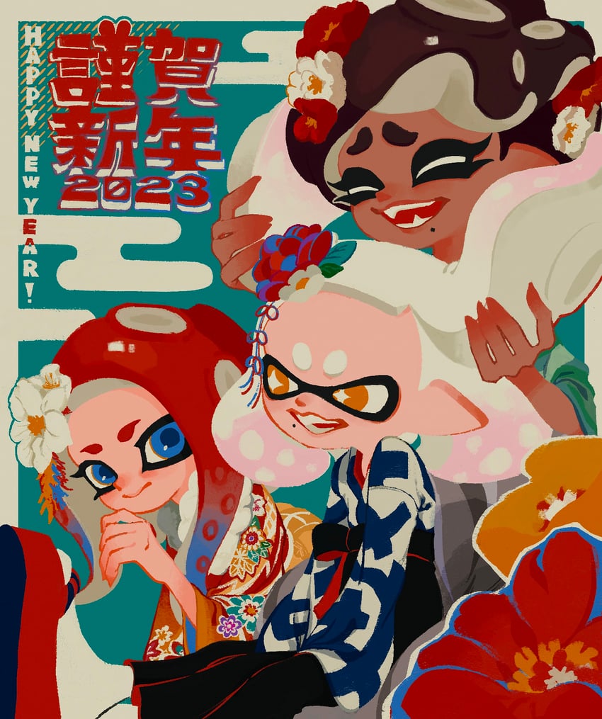 octoling player character, octoling girl, marina, and pearl (splatoon) drawn by ka1_(k4k37)
