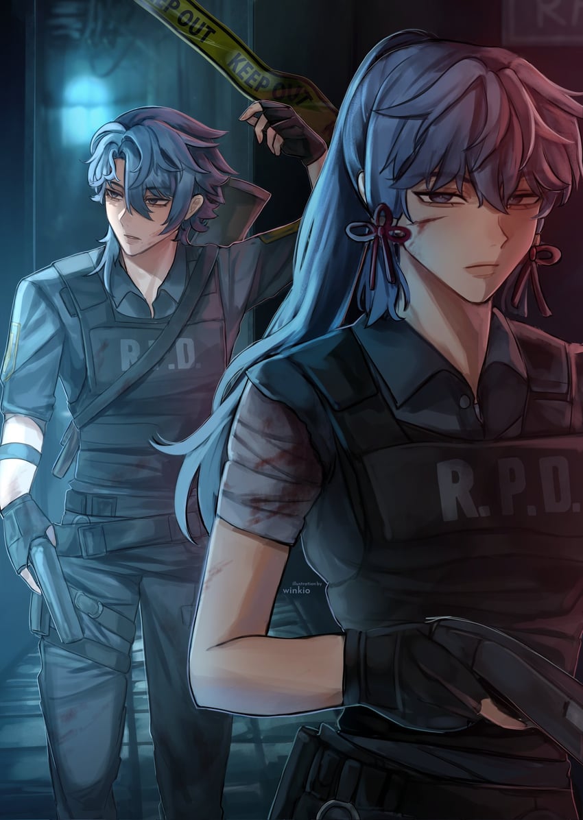 kamisato ayaka, kamisato ayato, and leon s. kennedy (genshin impact and 2 more) drawn by winkio