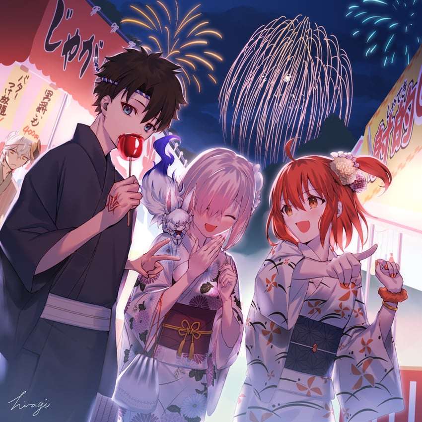 mash kyrielight, fujimaru ritsuka, fou, and kadoc zemlupus (fate and 1 more) drawn by hiiragi_(karashriker)