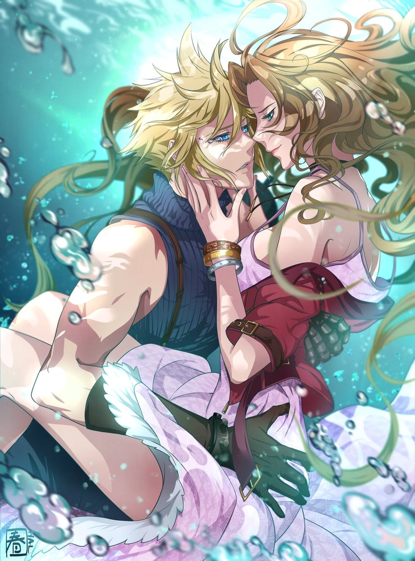 cloud strife and aerith gainsborough (final fantasy and 2 more) drawn by halu-ca