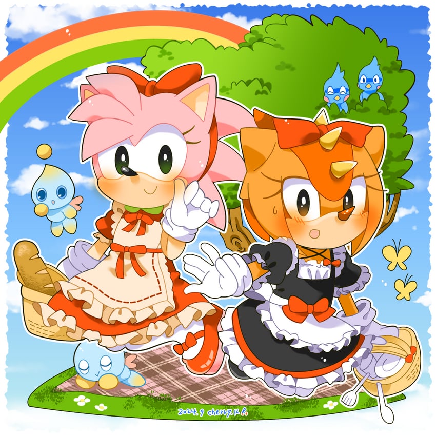 amy rose, neutral chao, classic amy, flicky, and trip the sungazer (sonic and 2 more) drawn by kusunoki_cherry
