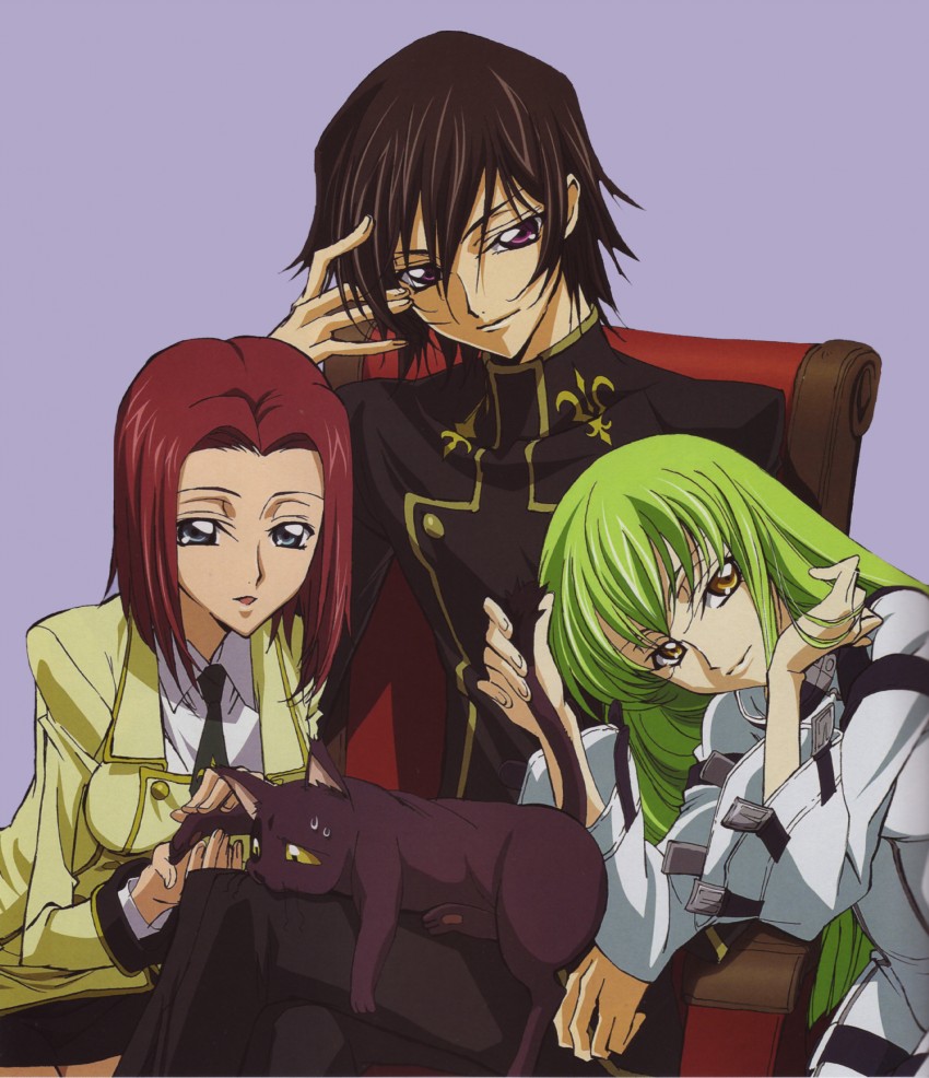 c.c., lelouch vi britannia, kouzuki kallen, and arthur (code geass) drawn by sakou_yukie