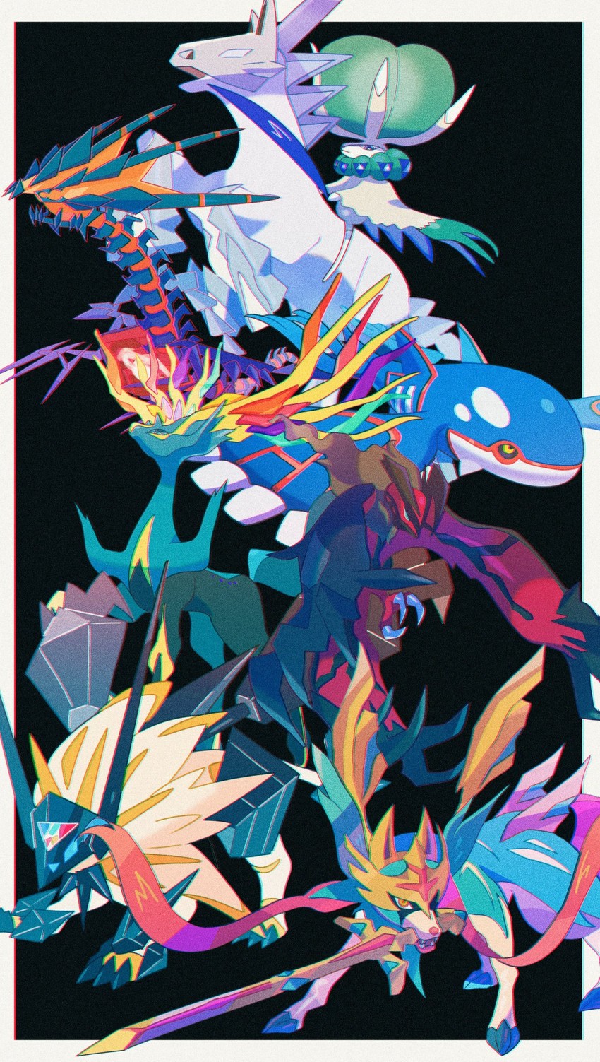 kyogre, zacian, calyrex, yveltal, xerneas, and 3 more (pokemon) drawn by saiku_(zvlku)