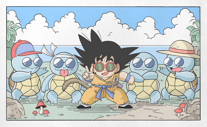 son goku, squirtle, and squirtle squad (pokemon and 1 more) drawn by wesatinthecar
