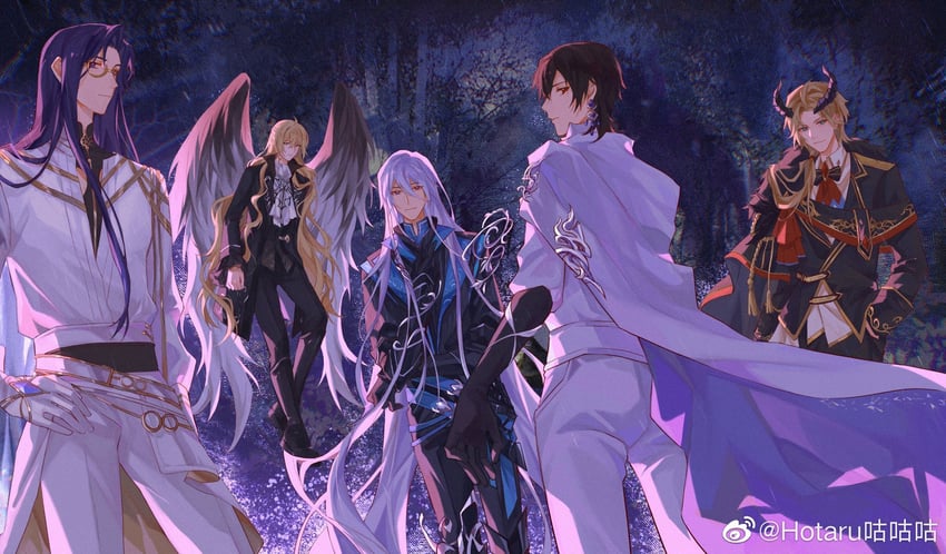 alkaid mcgrath, cael anselm, ayn alwyn, lars rorschach, and clarence clayden (lovebrush chronicles) drawn by hotaru_gugugu