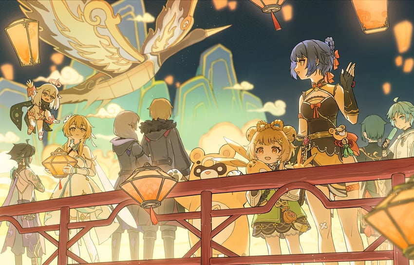 lumine, paimon, xiao, xingqiu, chongyun, and 7 more (genshin impact) drawn by xiang_wan_wei_wan