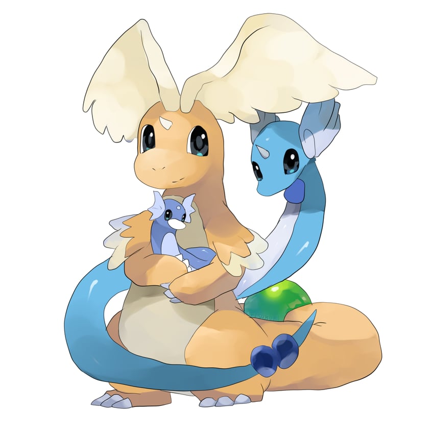 dragonite, dragonair, dratini, and mega dragonite (pokemon) drawn by fishburi