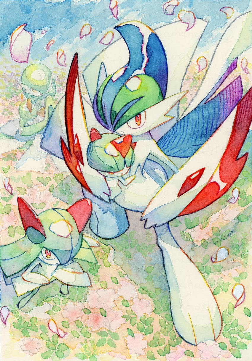 gardevoir, kirlia, gallade, ralts, and mega gallade (pokemon) drawn by yamanashi_taiki