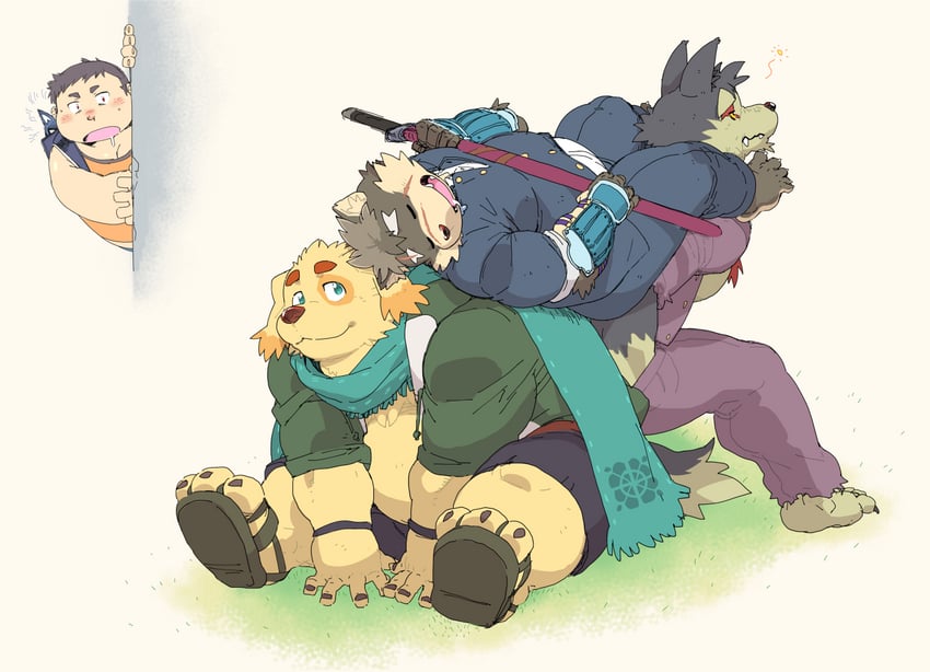 moritaka, cu sith, garmr, and inukai kenta (tokyo afterschool summoners) drawn by kira_nerisu