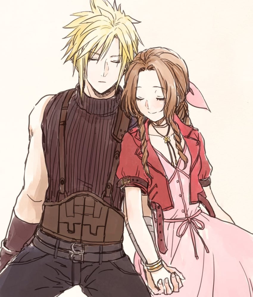 cloud strife and aerith gainsborough (final fantasy and 3 more) drawn by ancotsubu