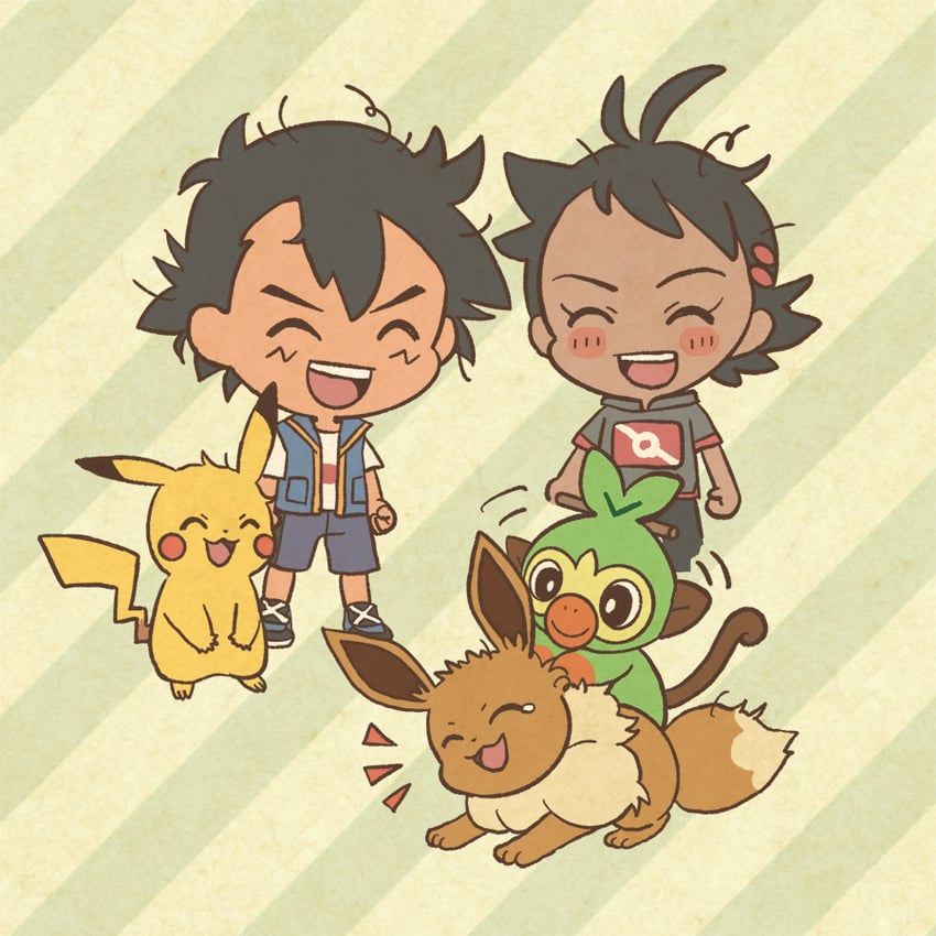 pikachu, ash ketchum, eevee, grookey, and goh (pokemon and 1 more) drawn by mojacookie
