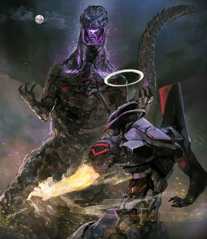 godzilla and eva 01 (neon genesis evangelion and 4 more) drawn by ikuyoan