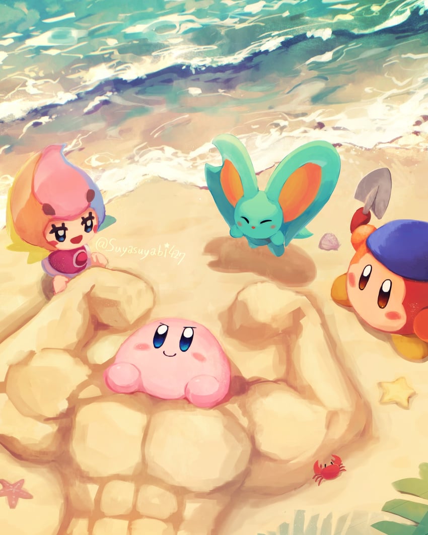 kirby, bandana waddle dee, elfilin, and elline (kirby) drawn by suyasuyabi