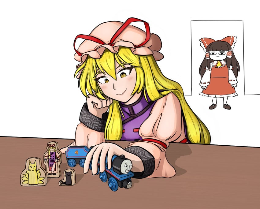 hakurei reimu, yakumo yukari, yakumo ran, chen, and gordon the big engine (touhou and 1 more) drawn by femboy_reaper