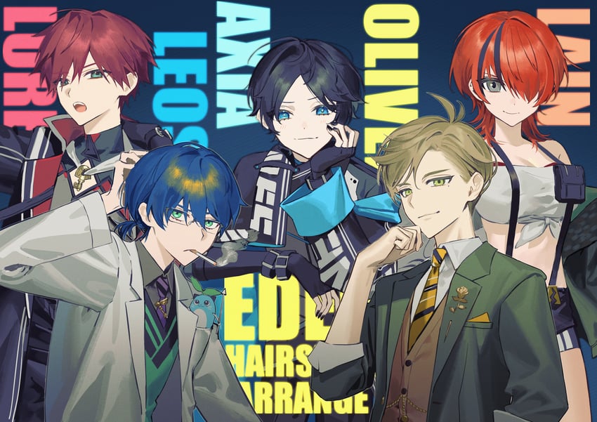 lain paterson, leos vincent, lauren iroas, mameneko, oliver evans, and 1 more (nijisanji) drawn by torino_kawazu