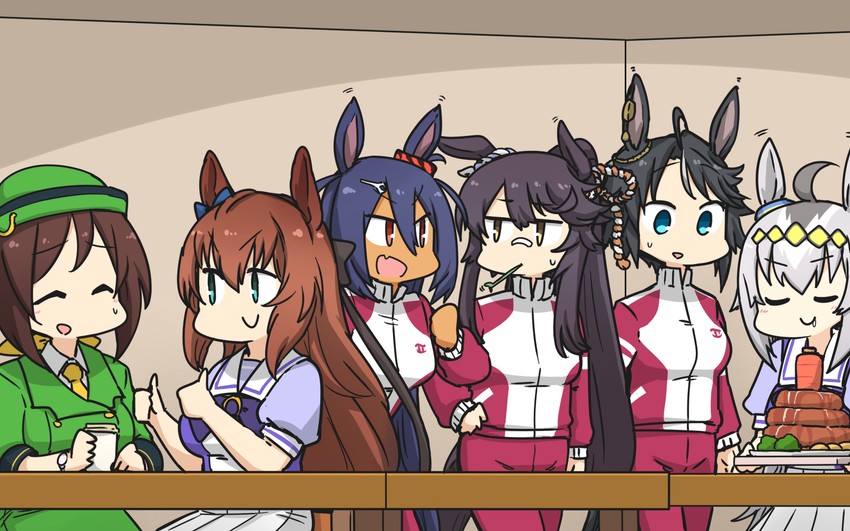 oguri cap, narita brian, fuji kiseki, maruzensky, hishi amazon, and 1 more (umamusume) drawn by hamu_koutarou