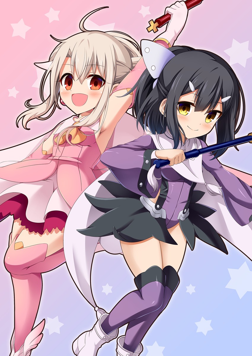 illyasviel von einzbern, miyu edelfelt, prisma illya, magical ruby, and magical sapphire (fate and 1 more) drawn by morokoshi_(tekku)